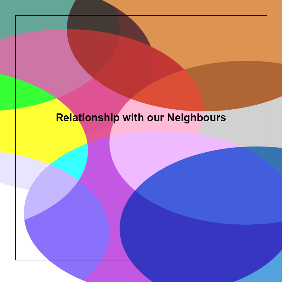 colourful background juxtaposed with black texts that says: Relationship with our Neighbours".