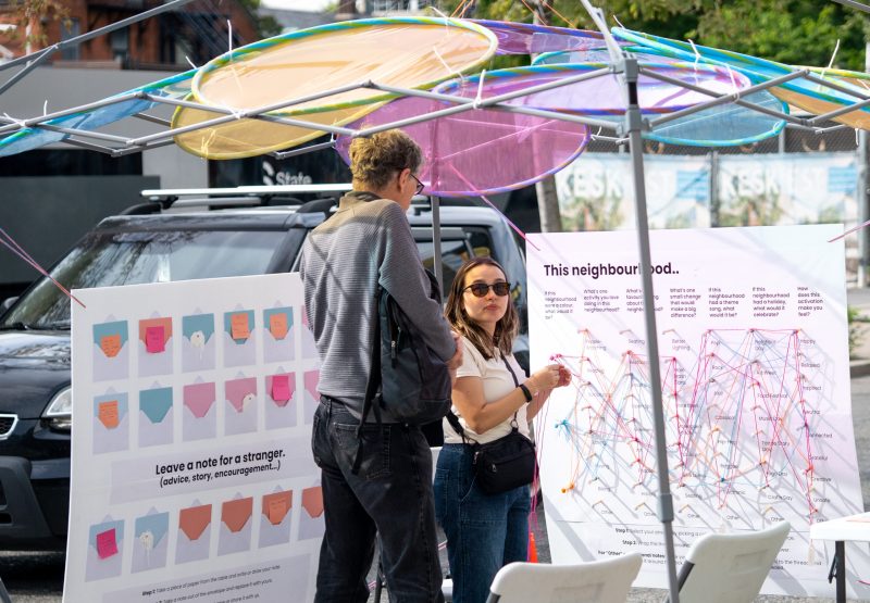 The picture shows a woman facilitation an engagement activity for man as part of strategic design for people, places, and business in Toronto .